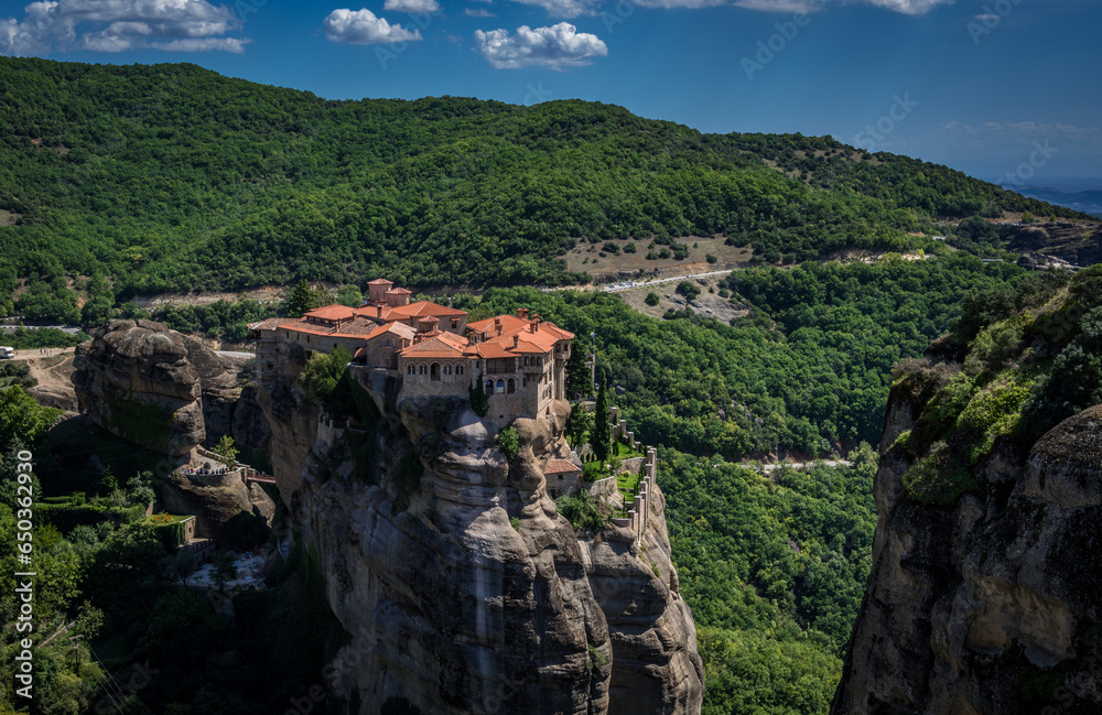 METEORA, GREECE - SEPTEMBER 11 2022: incredible sandstone rock formations and monasteries. 