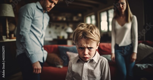 A Moment of Strife Young Boy's Defiance in Family Setting photo