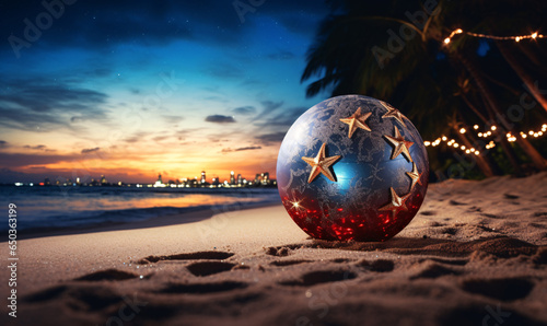 Christmas card with christmas ball looking like earth with beautiful beach background. New Year's holiday objects. digital AI