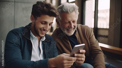 young man patiently guiding an older man in using a smartphone, set in a minimalist interior with light colors, symbolizing the harmonious bridge between generations through technology. photo