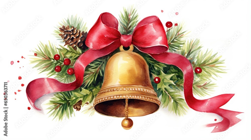 a painting of a bell with a red ribbon and a pine cone. generative ai a painting of a bell with a red ribbon and a pine cone. generative ai