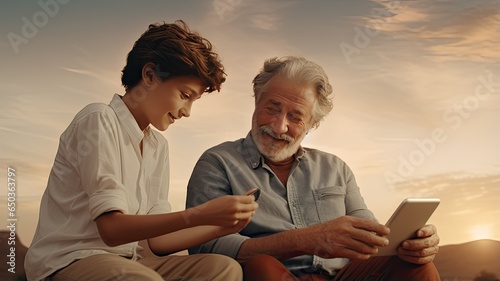 Vászonkép young man patiently guiding an older man in using a smartphone, set in a minimalist interior with light colors, symbolizing the harmonious bridge between generations through technology