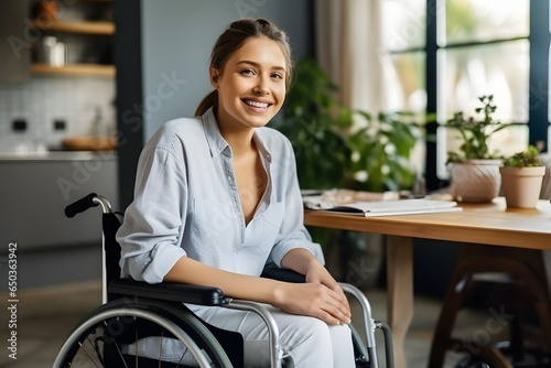Smiling woman sitting in wheelchair at home