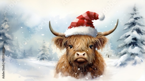  a painting of a yak wearing a santa claus hat. generative ai