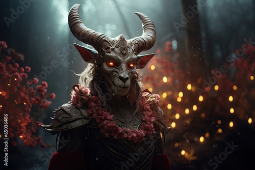 devilish goat cosplay with horns, horror halloween costume