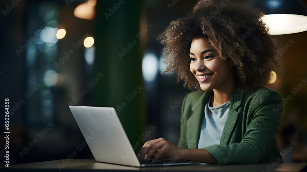 Smiling african american woman using her laptop in café or restaurant Smiling african american woman using her laptop in café or restaurant