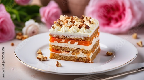  a piece of carrot cake on a plate with flowers in the background. generative ai
