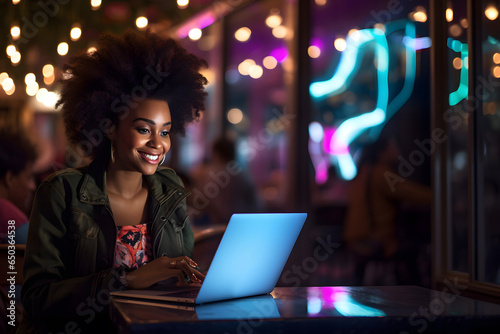 Smiling african american woman using her laptop in café or restaurant