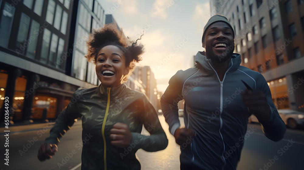 Fototapeta premium African American man and woman smiling and jogging in the city