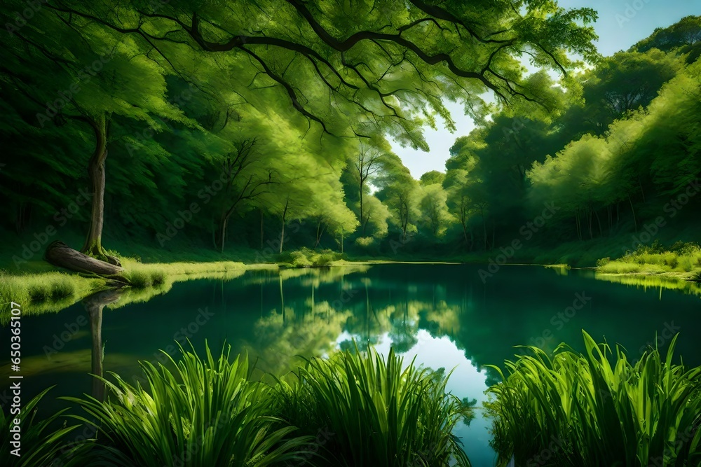 a tranquil natural landscape, with a clear, reflective lake, surrounded by lush green, and a peaceful blue sky overhead