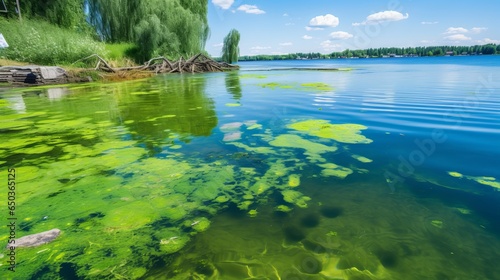 The global environmental issue of water pollution caused by the proliferation of blue-green algae, also known as cyanobacteria. This ecological problem affects water bodies, rivers, and lakes, giving  photo