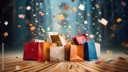 Set of colorful paper gift or shopping bags against colored background sale, consumerism, advertising and retail concept - many colorful shopping bags. Black friday