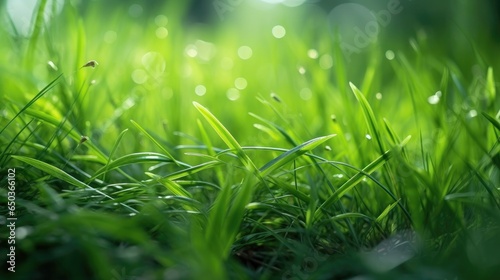 Grass. Fresh green spring grass with dew drops closeup.