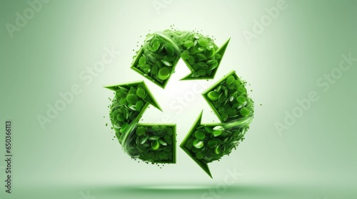 Green recycle symbol made out of leaves, nature's elements, background with copy space.