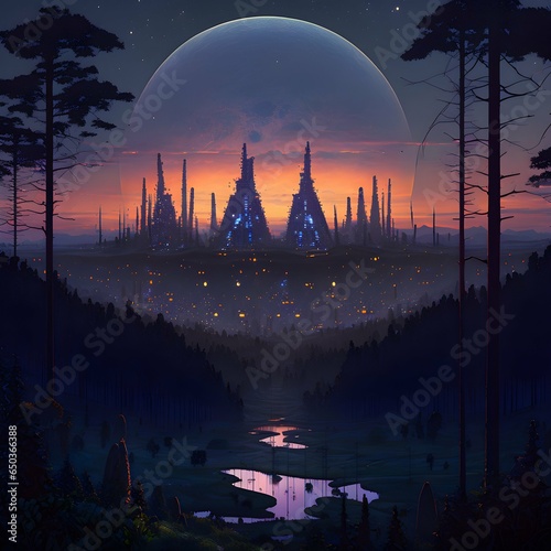 a world ruled by megacorps in perpetual twilight viewed from a distant forest 