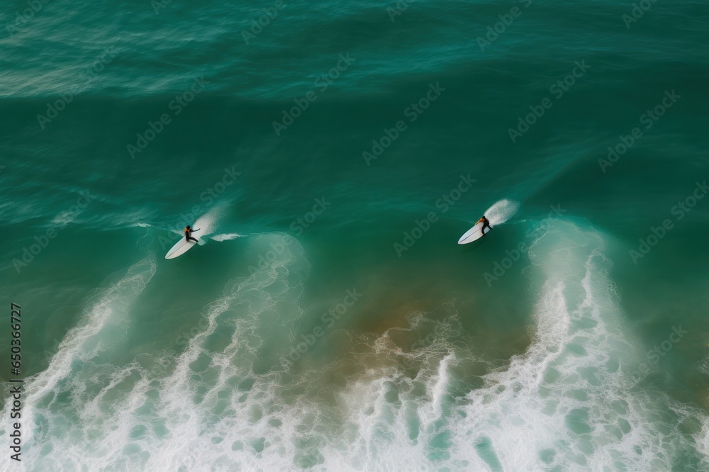 surfing in the ocean aerial view. Two surfboards in water view from above. Extreme water sport and healthy lifestyle. Waves on surf spot.