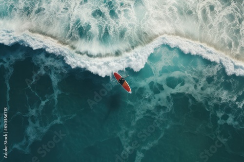 surfing in the ocean aerial view. Red surfboard in water view from above. Extreme water sport and healthy lifestyle. Waves on surf spot. © Dina