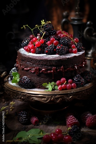 chocolate cake decorated with  rapsberries on top, dark wooden table background photo