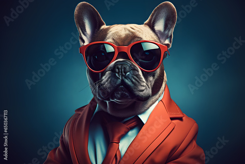 French bulldog wearing sunglasses and a redsuit