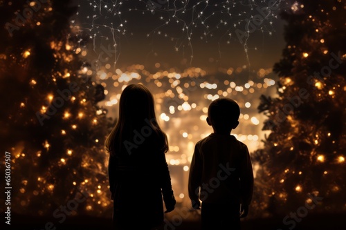 Kids looking at Christmas lights. Siblings silhouettes at festive night. Magic holiday season greeting card. Family value.