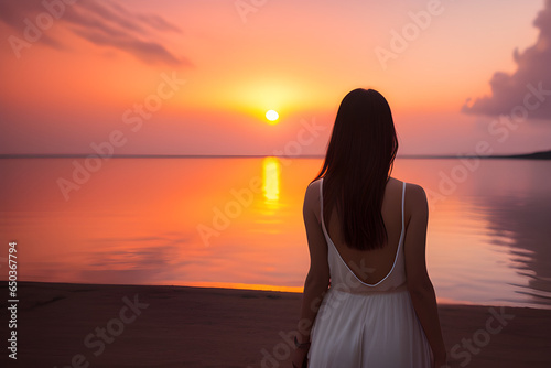 Detailed image capturing the essence of a happy woman standing with her back to a breathtaking sunset in a natural setting, highlighting the serene and joyful moment. Ai generated.