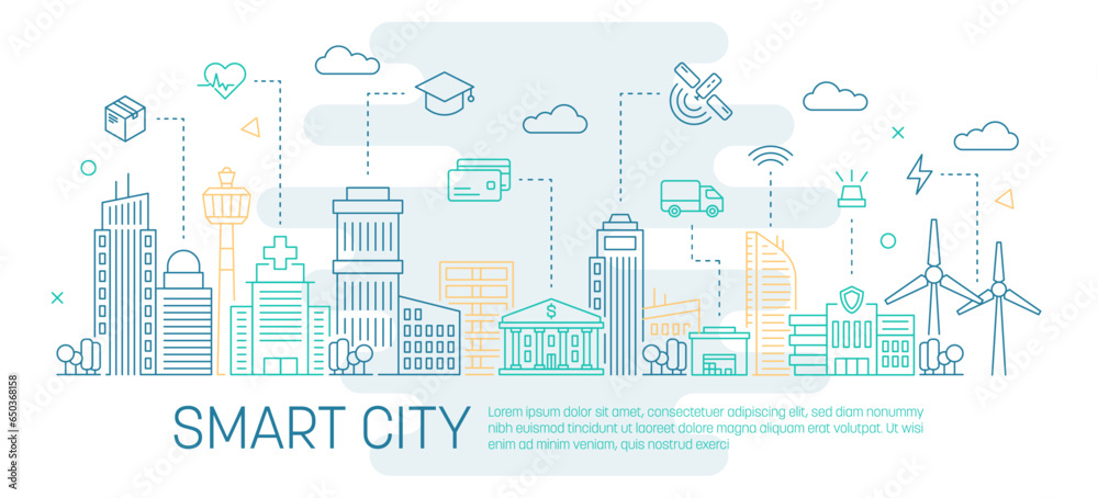 Smart city concept with editable and colored stroke line. Modern town enviroment sustainable connected buildings. Vector isolated concept