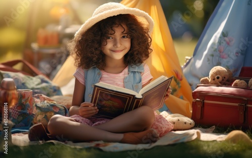 Kid girl is reading a book ...