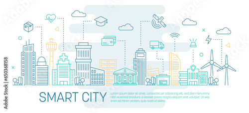Smart city concept with editable and colored stroke line. Modern town enviroment sustainable connected buildings. Vector isolated concept