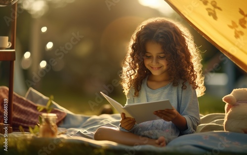 Kid girl is reading a book ...