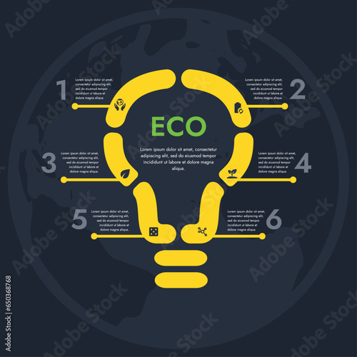 Vector infographic with the image of a light bulb, which means sustainability. The infographic is divided into 6 blocks and 1 main block in the middle.