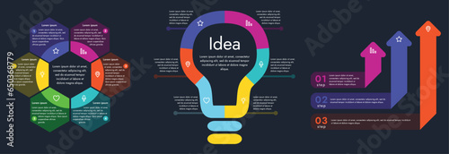 Three infographic elements on a dark background with 6 and 3 sections for information. The set will help you present your data in a modern and clear way. Use the collection to create presentations, cr