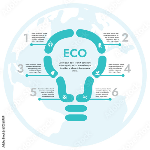 Vector infographic with the image of a light bulb, which means sustainability. The infographic is divided into 6 blocks and 1 main block in the middle.