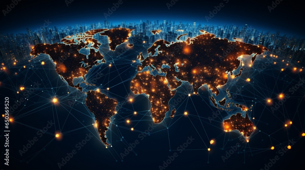 a hyper-realistic scene depicting a digital world map illuminated with interconnected nodes, symbolizing the global reach and collaboration of businesses worldwide a hyper-realistic scene depicting a digital world map illuminated with interconnected nodes, symbolizing the global reach and collaboration of businesses worldwide