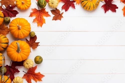 Festive autumn decoration from pumpkins  berries and leaves on a white wooden background. Concept of Thanksgiving day or Halloween. Flat lay with copy space