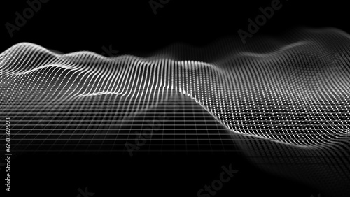 Digital sound wave or lanscape with grid. The futuristic style abstract network connection background. Big data visualization. 3D rendering.
