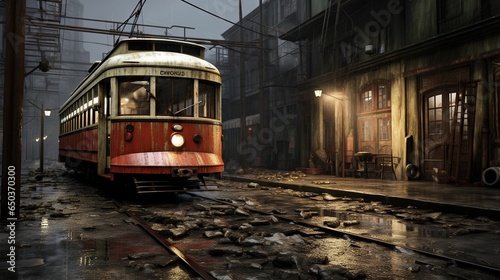  a red and white train traveling down tracks next to a building.  generative ai