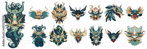 Big collection dragon's head colored outline. Hand drawn dragon's masks in doodle style isolated on white background.  Vector illustration.