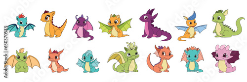 Big collection baby dragons colored outline. Hand drawn little dragon in doodle style isolated on white background.  Vector illustration.