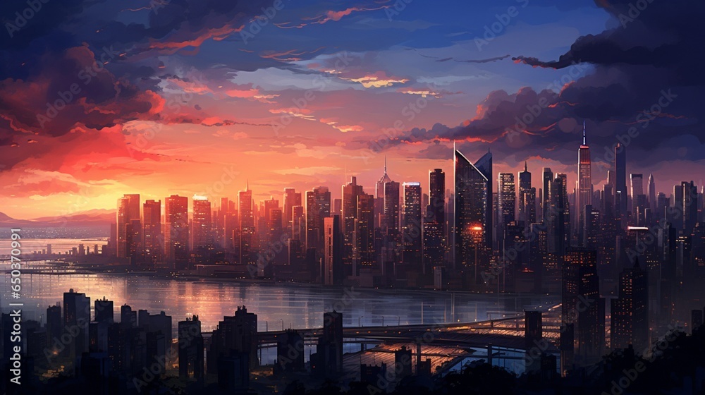 a captivating image showcasing a cityscape at twilight, where skyscrapers represent the towering achievements of businesses in a global marketplace 