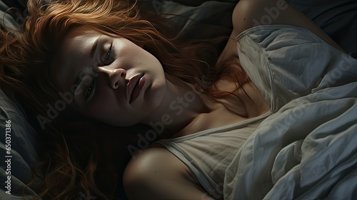 a depressed woman lying on her bed  capturing the raw emotions etched on her face as she grapples with feelings of sadness and isolation.