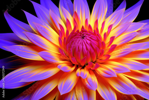 An abstract close-up of a four-colored blossom, featuring a combination of blue, purple, pink, and white petals, photographed against a black background, creating an intriguing and visually captivatin