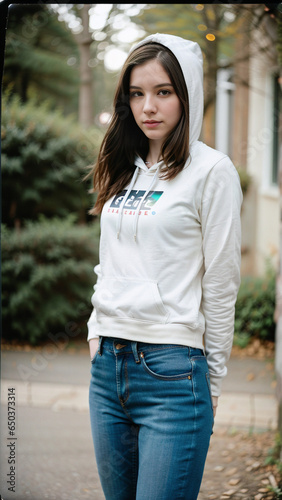 portrait of a 23 y.o woman wearing white hoodie and jeans
