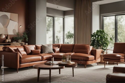 Mid-century style interior design of modern living room with terra cotta sofa and brown leather armchair