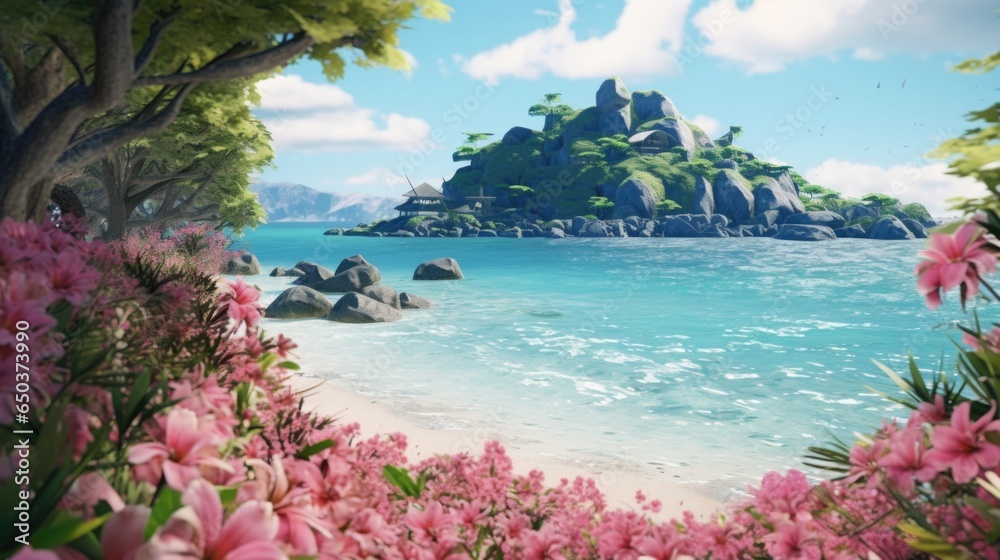 A picture of a beach with pink flowers in the foreground