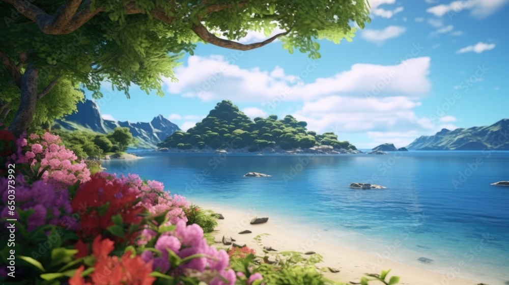 A view of a beach with flowers and mountains in the background