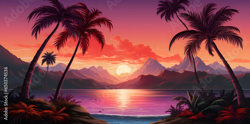 Retrowave style landscape water and palm trees with sunset © Oksana