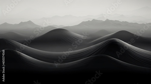  a black and white photo of a mountain range in the fog. generative ai