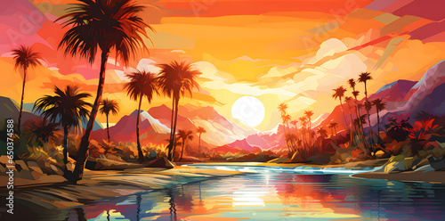 Retrowave style landscape water and palm trees with sunset