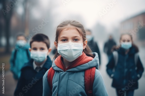 Portrait of a group of young boys and girls students wearing protective covid19 or coronavirus masks while going to elementary school