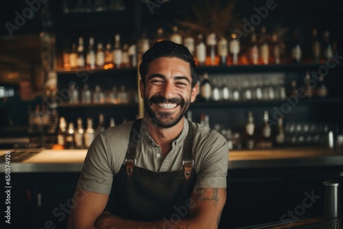 Smiling portrait of a young caucasian bartender working behind a bar